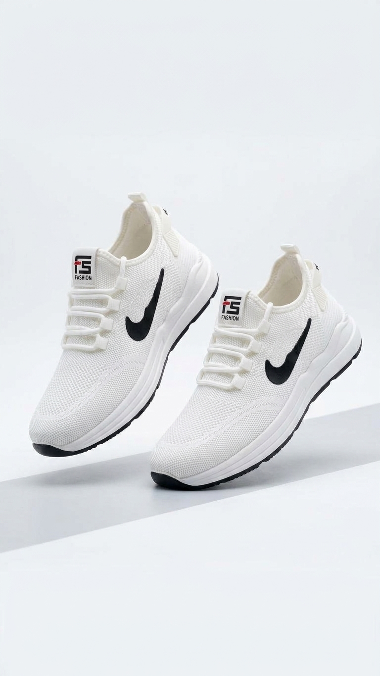 Lightweight Breathable Mesh Jogging Shoes - White with Black Accent Swoosh - photo 2