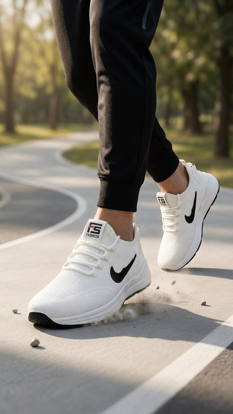 Lightweight Breathable Mesh Jogging Shoes - White with Black Accent Swoosh - photo 4