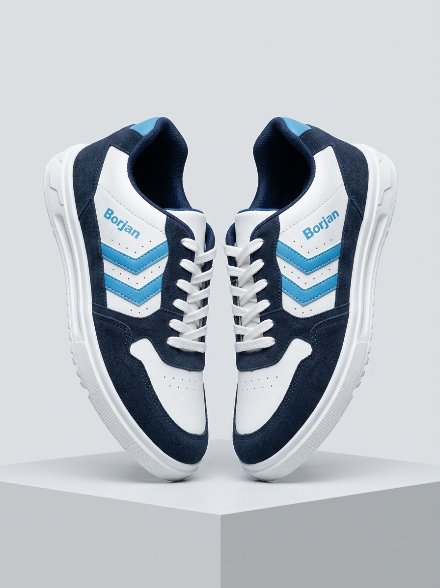 Retro Style Navy & Sky Blue Casual Sneakers - Premium Suede-Textured Streetwear Trainers - photo 2